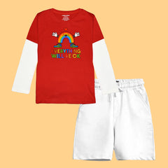 EVERYTHING WILL BE OK BOYS LONG SLEEVE RED & WHITE T.SHIRT & SHORTS (SF-26704)