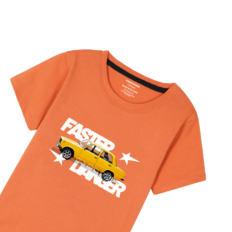 FASTER DANGER PRINTED ORANGE BOYS T.SHIRT