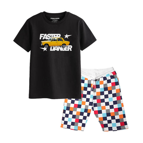 FASTER BOYS SHORT SLEEVE BLACK T.SHIRT & BOX PRINTED SHORTS (SF-28105)