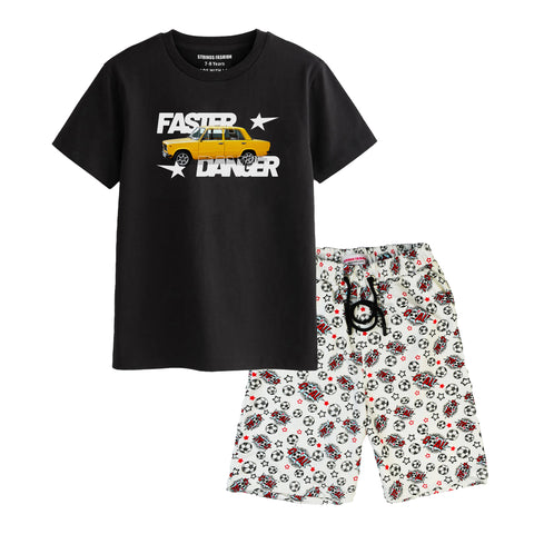 FASTER BOYS SHORT SLEEVE BLACK T.SHIRT & FOOTBALL PRINTED SHORTS