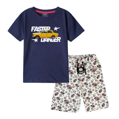 FASTER BOYS SHORT SLEEVE NAVY T.SHIRT & FOOTBALL PRINTED SHORTS (SF-28405)
