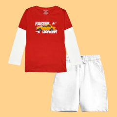 FASTER BOYS LONG SLEEVE RED & WHITE T.SHIRT & SHORTS (SF-26705)