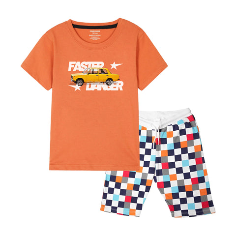 FASTER BOYS SHORT SLEEVE ORANGE T-SHIRT & BOXES SHORTS