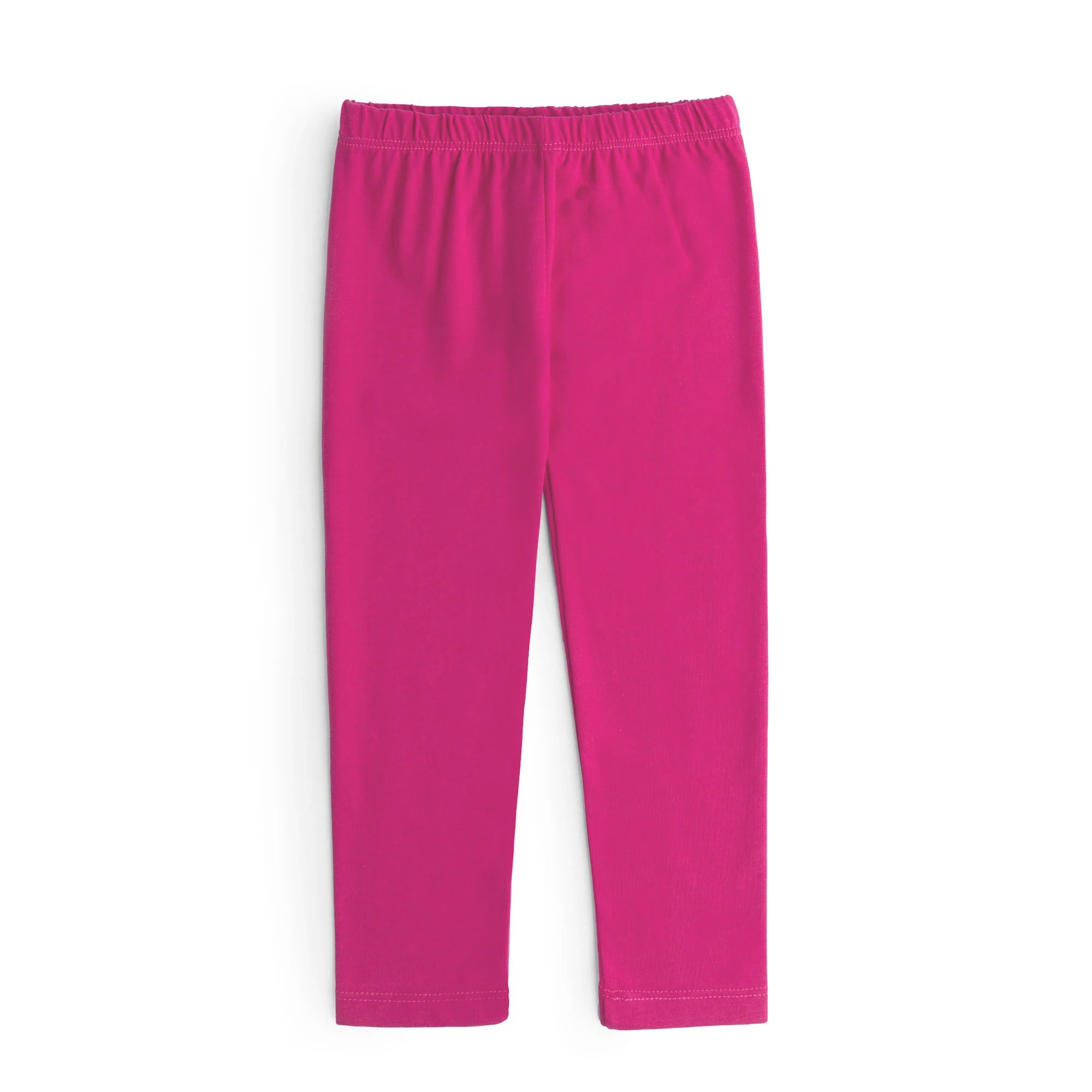 A pair of pink leggings for girls, with a solid pattern and elastic waistband.