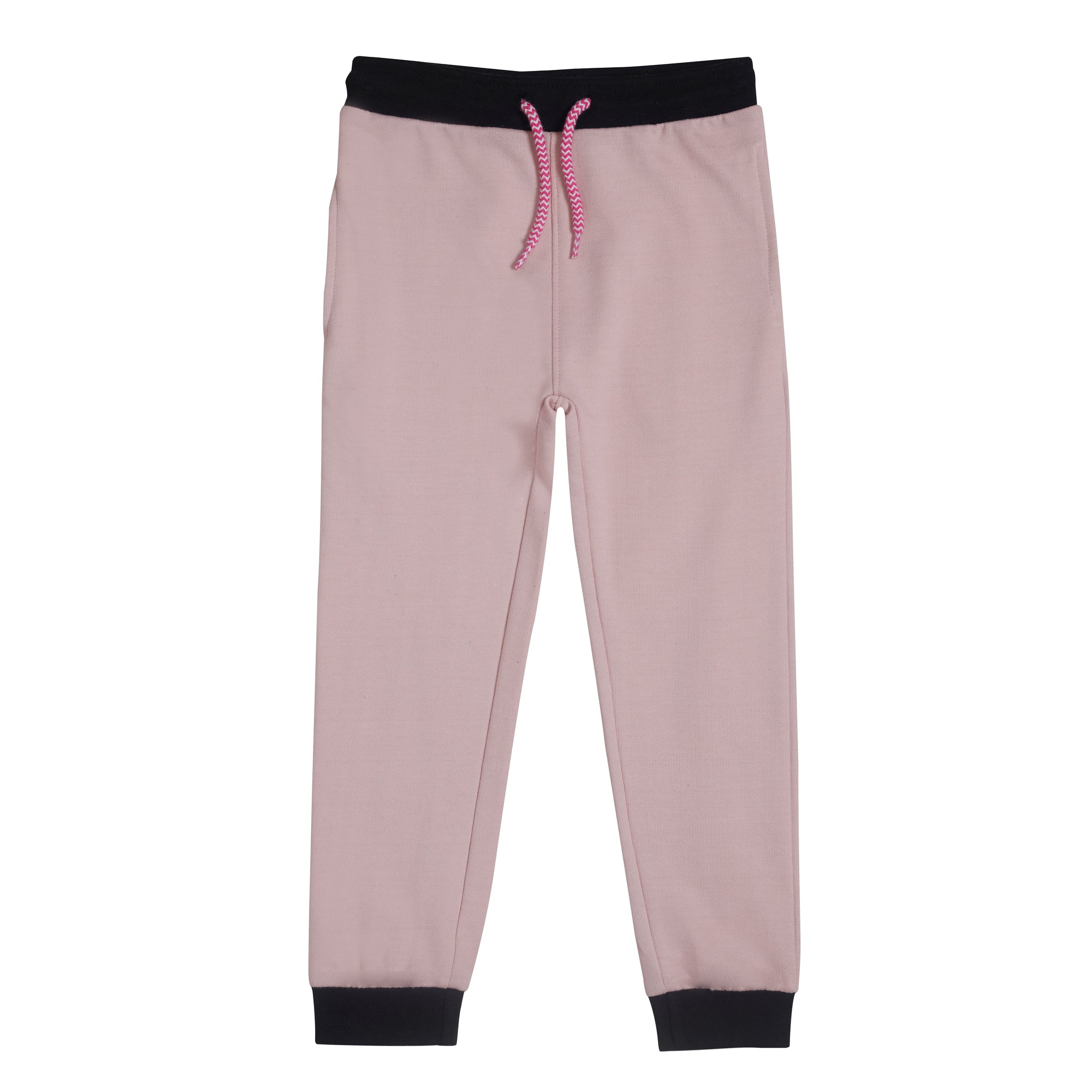 Pink color fleece trouser with a drawstring waistband and black ribbed cuffs at the ankles.