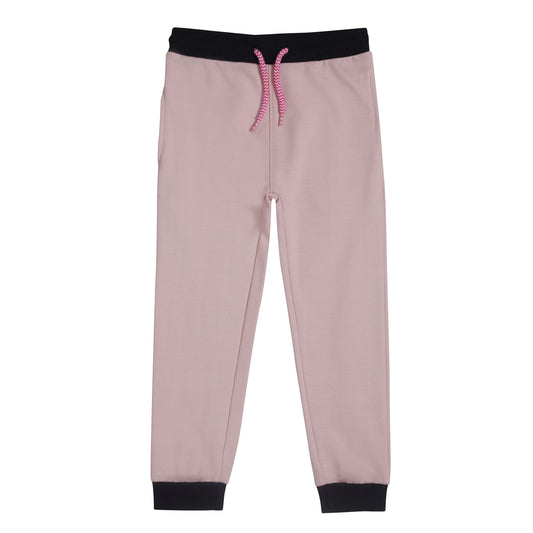 Pink color fleece trouser with a drawstring waistband and black ribbed cuffs at the ankles. 2000