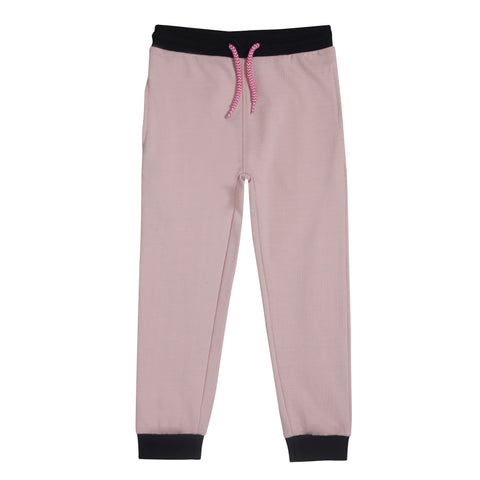 Pink color fleece trouser with a drawstring waistband and black ribbed cuffs at the ankles.