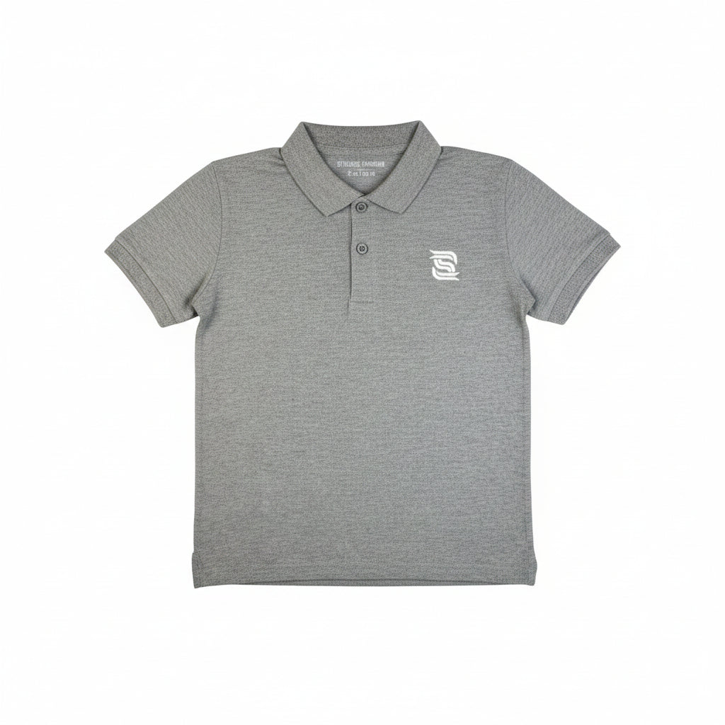 A gray short-sleeve polo t-shirt for boys with a collar and buttons at the neck.