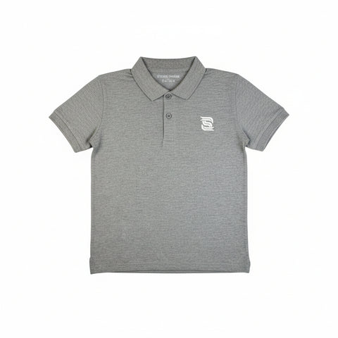 A gray short-sleeve polo t-shirt for boys with a collar and buttons at the neck.