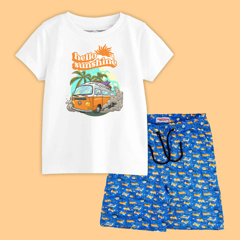 HELLO SUN SHINE BOYS SHORT SLEEVE WHITE T.SHIRT & PLANE PRINTED SHORTS