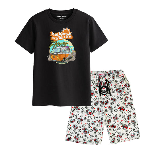 HELLO SUN SHINE BOYS SHORT SLEEVE BLACK T.SHIRT & FOOTBALL PRINTED SHORTS 2000