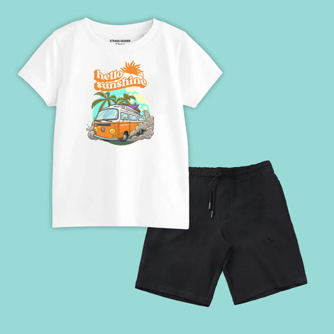 HELLO SUN SHINE BOYS SHORT SLEEVE WHITE T.SHIRT & BLACK SHORTS (SF-27906)