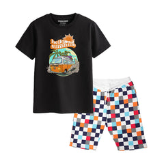 HELLO SUN SHINE BOYS SHORT SLEEVE BLACK T.SHIRT & BOX PRINTED SHORTS (SF-28106)