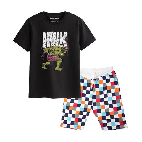 HULK BOYS SHORT SLEEVE BLACK T.SHIRT & BOX PRINTED SHORTS (SF-28107)