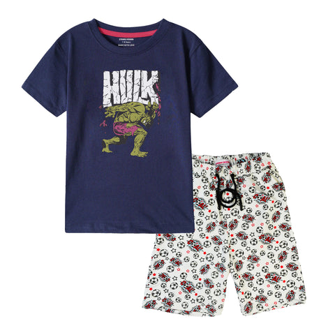 HULK BOYS SHORT SLEEVE NAVY T.SHIRT & FOOTBALL PRINTED SHORTS (SF-28407)