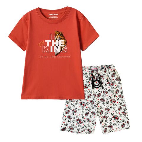I'M THE KING BOYS SHORT SLEEVE RED T.SHIRT & FOOTBALL PRINTED SHORTS