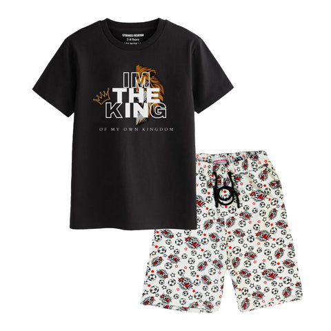 I'M THE KING BOYS SHORT SLEEVE BLACK T.SHIRT & FOOTBALL PRINTED SHORTS