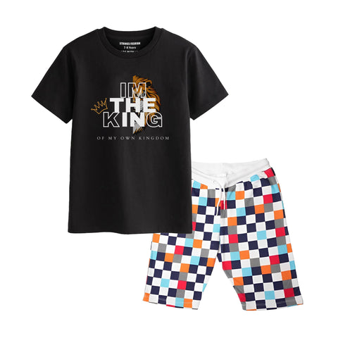 I'M THE KING BOYS SHORT SLEEVE BLACK T.SHIRT & BOX PRINTED SHORTS (SF-28108)