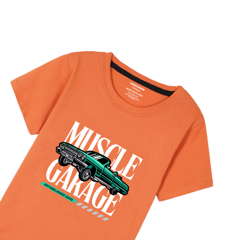 MUSCLE RIDE PRINTED ORANGE BOYS T.SHIRT