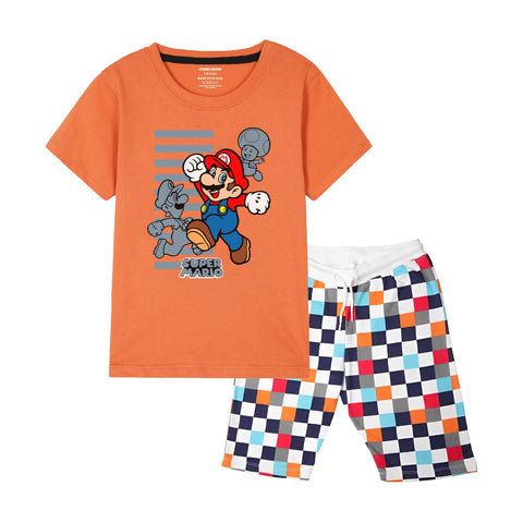 MARIO BROS BOYS SHORT SLEEVE ORANGE T.SHIRT & BOXES SHORTS (SF-28909)