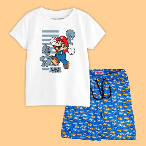 MARIO BROS BOYS SHORT SLEEVE WHITE T.SHIRT & PLANE PRINTED SHORTS (SF-29107)