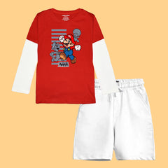 MARIO BROS BOYS LONG SLEEVE RED & WHITE T.SHIRT & SHORTS (SF-26709)
