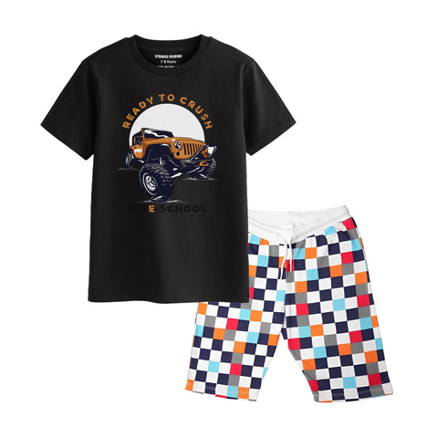 MONSTER TRUCK BOYS SHORT SLEEVE BLACK T.SHIRT & BOX PRINTED SHORTS (SF-28110)