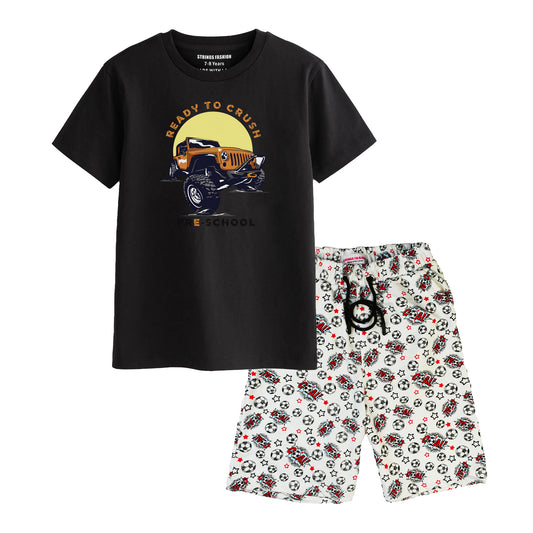 MONSTER TRUCK BOYS SHORT SLEEVE BLACK T.SHIRT & FOOTBALL PRINTED SHORTS 2000