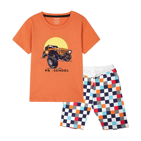 MONSTER TRUCK BOYS SHORT SLEEVE ORANGE T.SHIRT & BOXES SHORTS (SF-28910)