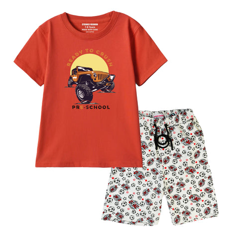 MONSTER TRUCK BOYS SHORT SLEEVE RED T.SHIRT & FOOTBALL PRINTED SHORTS