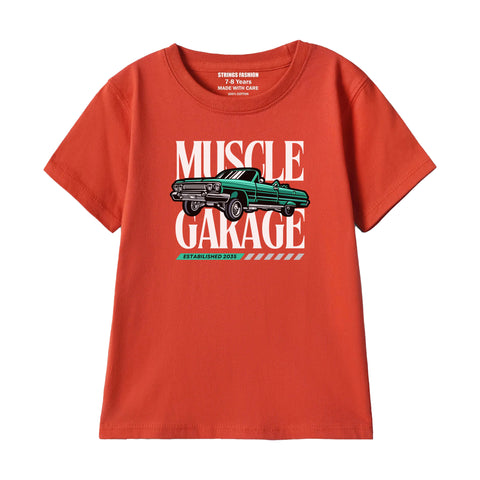 MUSCLE GARAGE BOYS SHORT SLEEVE RED T.SHIRT & FOOTBALL PRINTED SHORTS