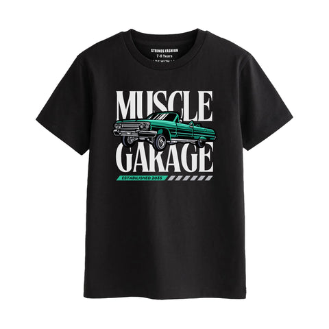 MUSCLE GARAGE BOYS SHORT SLEEVE BLACK T.SHIRT & FOOTBALL PRINTED SHORTS