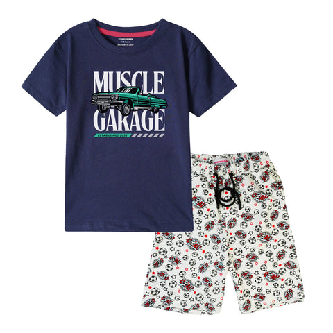MUSCLE GARAGE BOYS SHORT SLEEVE NAVY T.SHIRT & FOOTBALL PRINTED SHORTS (SF-28411)