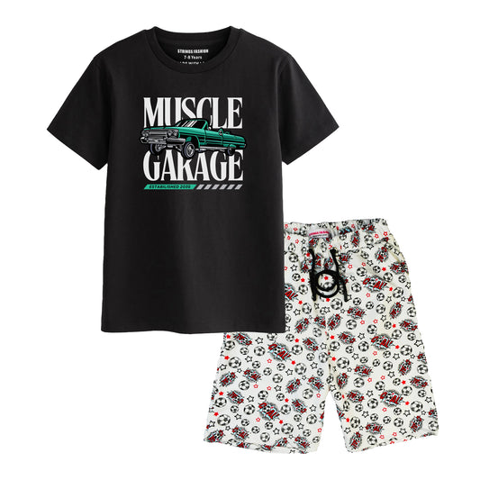 MUSCLE GARAGE BOYS SHORT SLEEVE BLACK T.SHIRT & FOOTBALL PRINTED SHORTS 2000