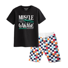 MUSCLE GARAGE BOYS SHORT SLEEVE BLACK T.SHIRT & BOX PRINTED SHORTS (SF-28111)