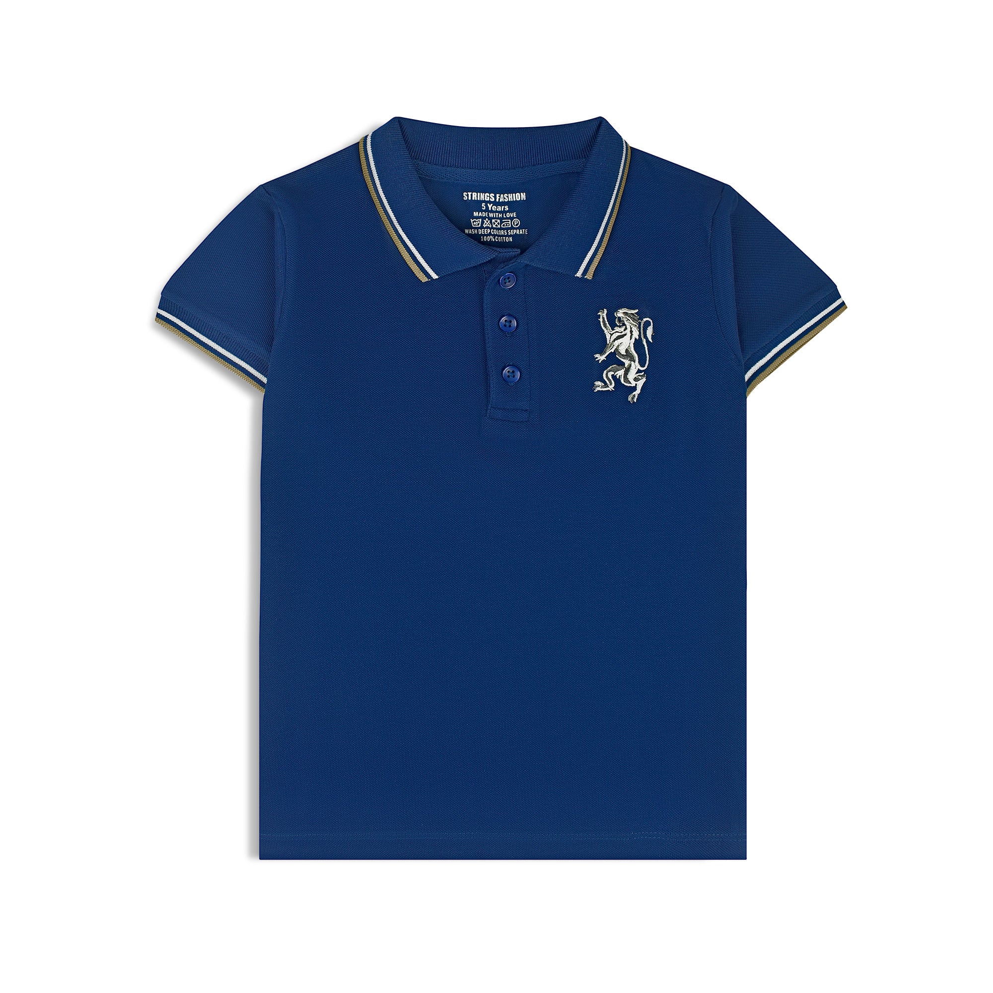 A navy blue short-sleeved boys' polo t-shirt with a collar, button-up neck, and a graphic on the chest.