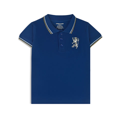 A navy blue short-sleeved boys' polo t-shirt with a collar, button-up neck, and a graphic on the chest.