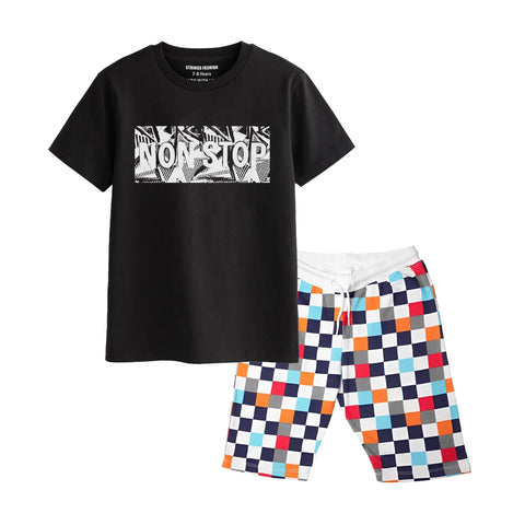 NON-SHOP BOYS SHORT SLEEVE BLACK T.SHIRT & BOX PRINTED SHORTS (SF-28112)