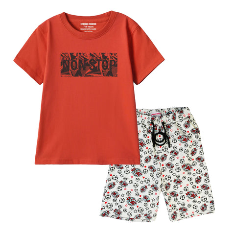 NON-STOP BOYS SHORT SLEEVE RED T.SHIRT & FOOTBALL PRINTED SHORTS