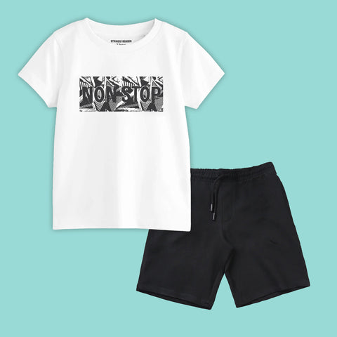 NON-STOP BOYS SHORT SLEEVE WHITE T.SHIRT & BLACK SHORTS (SF-27910)