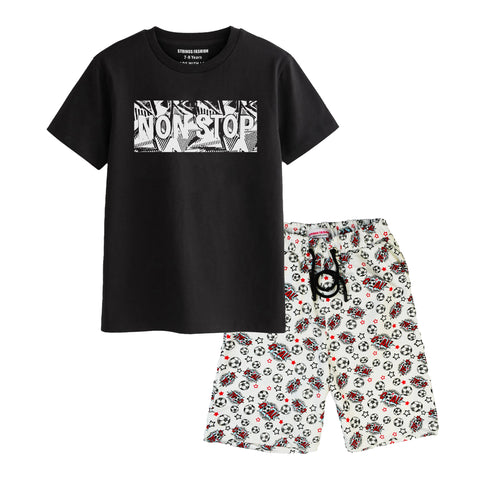 NON STOP BOYS SHORT SLEEVE BLACK T.SHIRT & FOOTBALL PRINTED SHORTS (SF-29212)