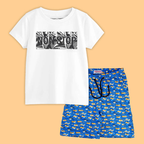 NON STOP BOYS SHORT SLEEVE WHITE T.SHIRT & PLANE PRINTED SHORTS (SF-29109)
