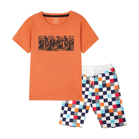 NON STOP BOYS SHORT SLEEVE ORANGE T.SHIRT & BOXES SHORTS (SF-28911)