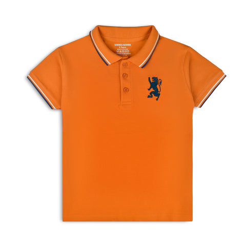 A short-sleeved orange polo t-shirt for boys with a collar, buttons at the neck, and a graphic on the chest. STRINGSFASHION.PK