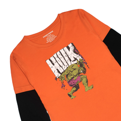 HULK PRINTED ORANGE-BLACK BOYS LONG SLEEVE T.SHIRT