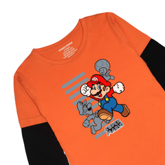 MARIO BROS PRINTED ORANGE-BLACK BOYS LONG SLEEVE T.SHIRT