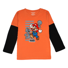 MARIO BROS PRINTED ORANGE-BLACK BOYS LONG SLEEVE T.SHIRT