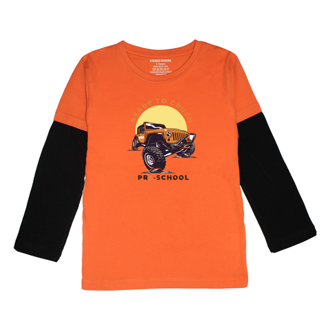 MONSTER TRUCK PRINTED ORANGE-BLACK BOYS LONG SLEEVE T.SHIRT