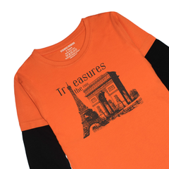 TRASURE PRINTED ORANGE-BLACK BOYS LONG SLEEVE T.SHIRT