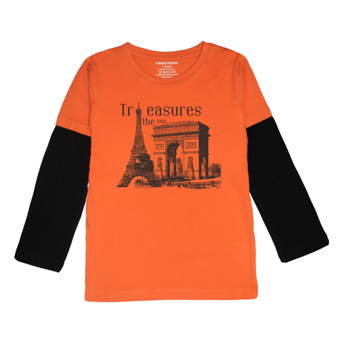 TRASURE PRINTED ORANGE-BLACK BOYS LONG SLEEVE T.SHIRT